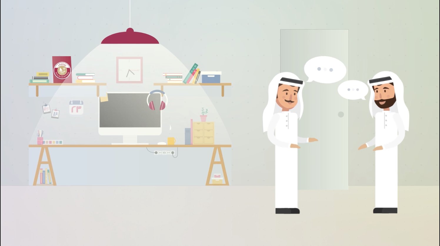 Two Qatari men in conversation in a domestic interior