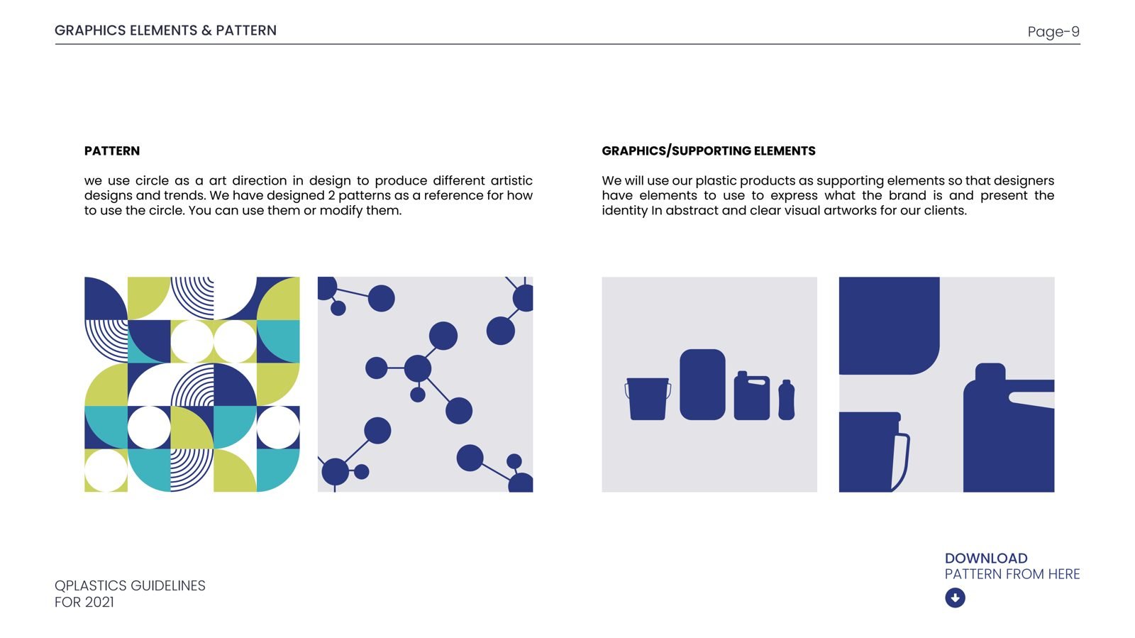 Pattern system using brand circle motif and product silhouettes as supporting graphic elements