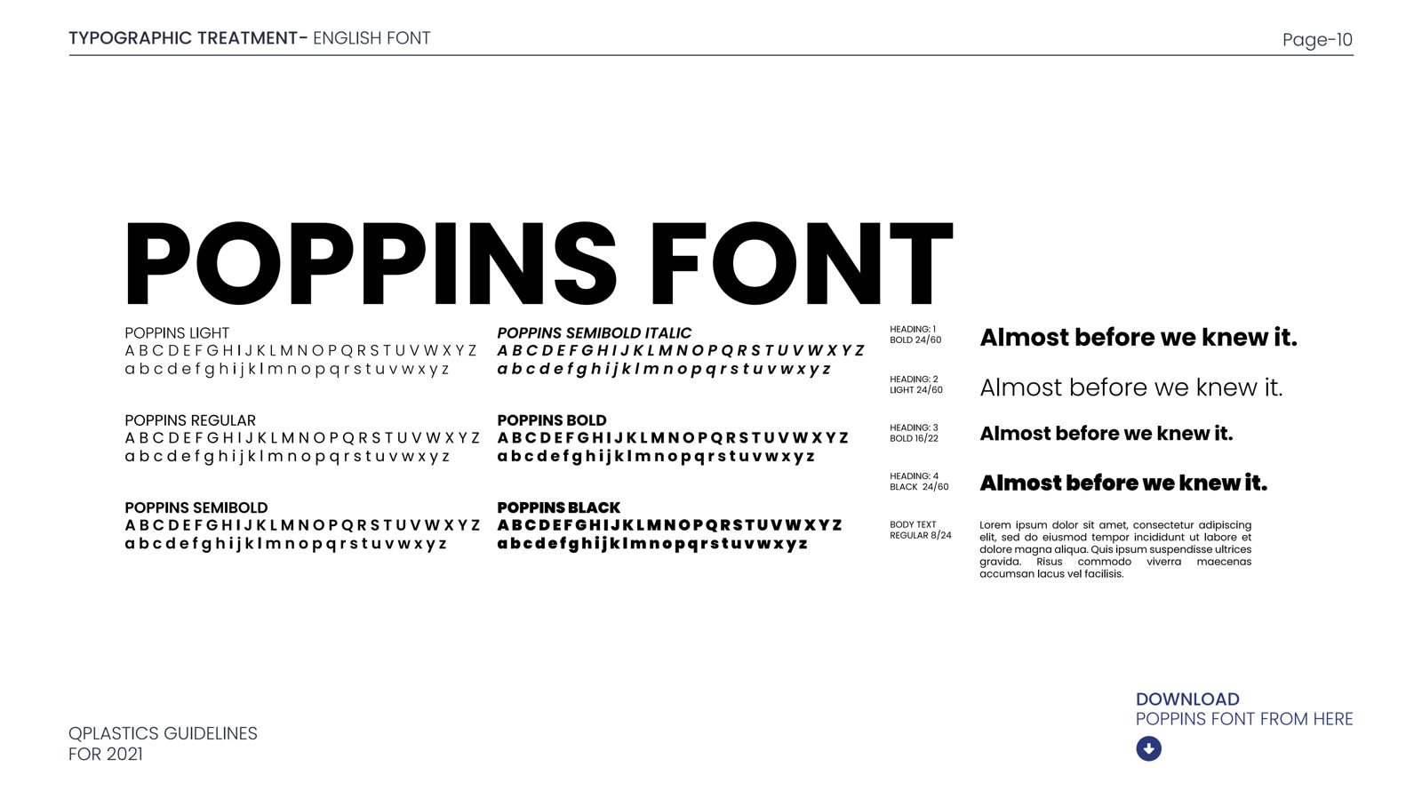 Typographic system built on Poppins — six weights with heading and body specs