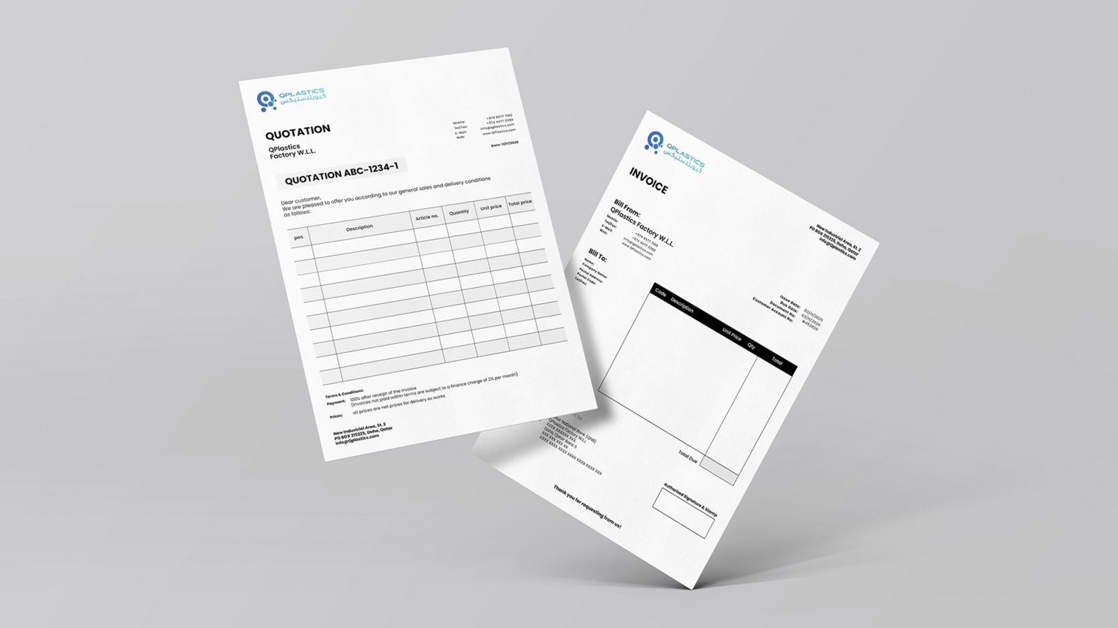 Quotation and invoice stationery templates with brand mark and AR/EN typography